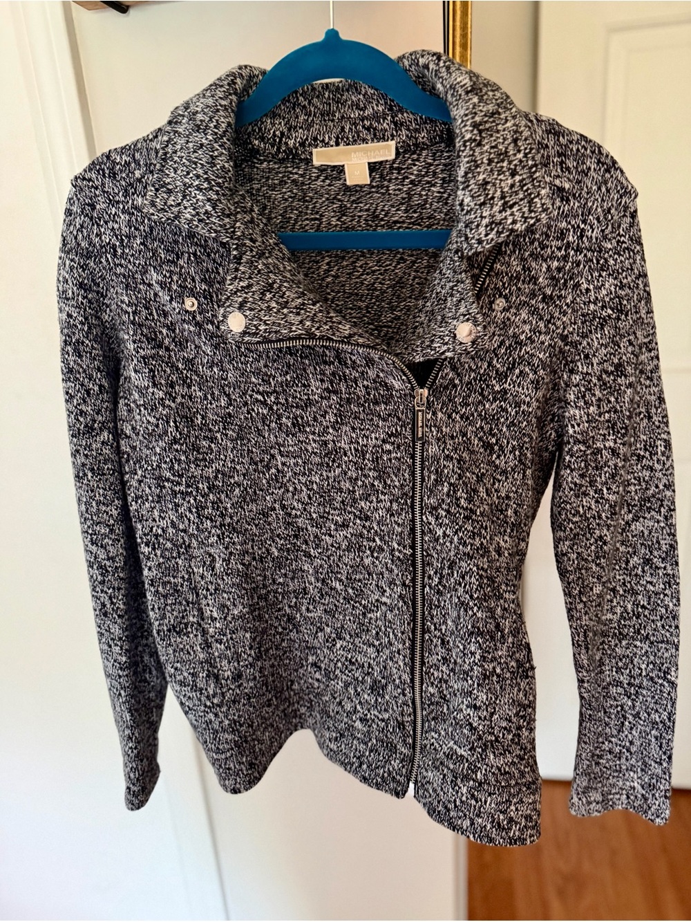 Michael Kors Black and White Knit Zip Moto Jacket